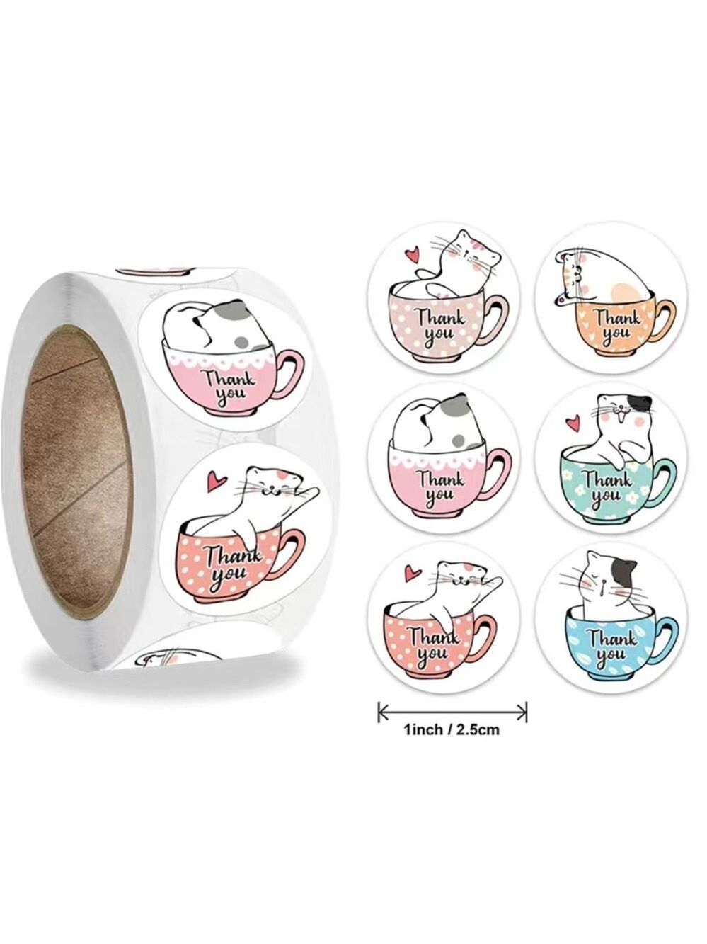 500 1”  Stickers, Kitty in Teacup, 1 inch , Thank You, Roll, PRICE IS FIRM
